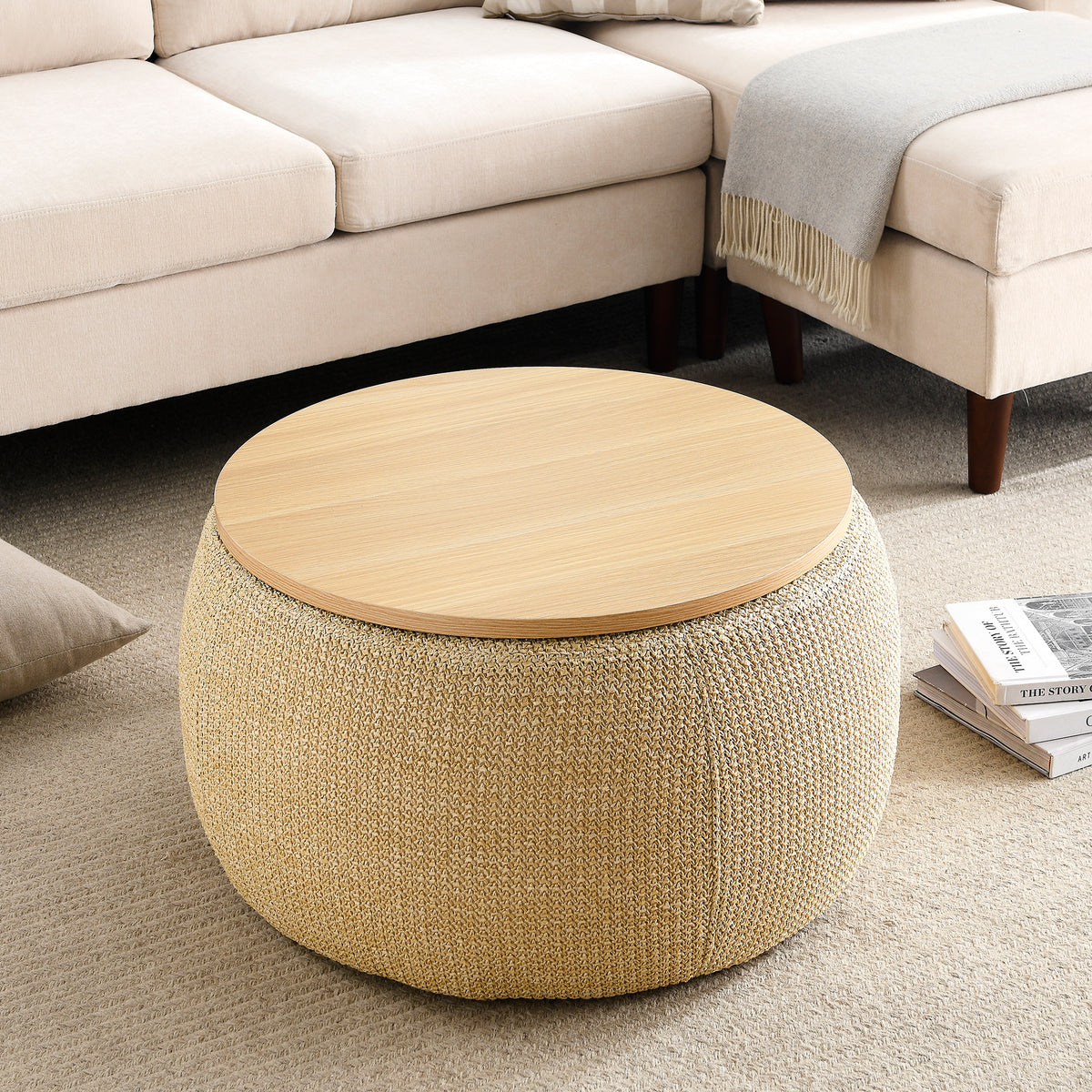 Round Storage Ottoman, 2 in 1 Function, Work as End table and Ottoman, Natural (25.5"x25.5"x14.5") W48762888-djyc