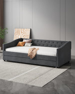 Twin Size Daybed with Twin Size Trundle Upholstered Tufted Sofa Bed, with Button on Back and Copper Nail on Waved Shape Arms-Dark Grey W2336S00008-djyc