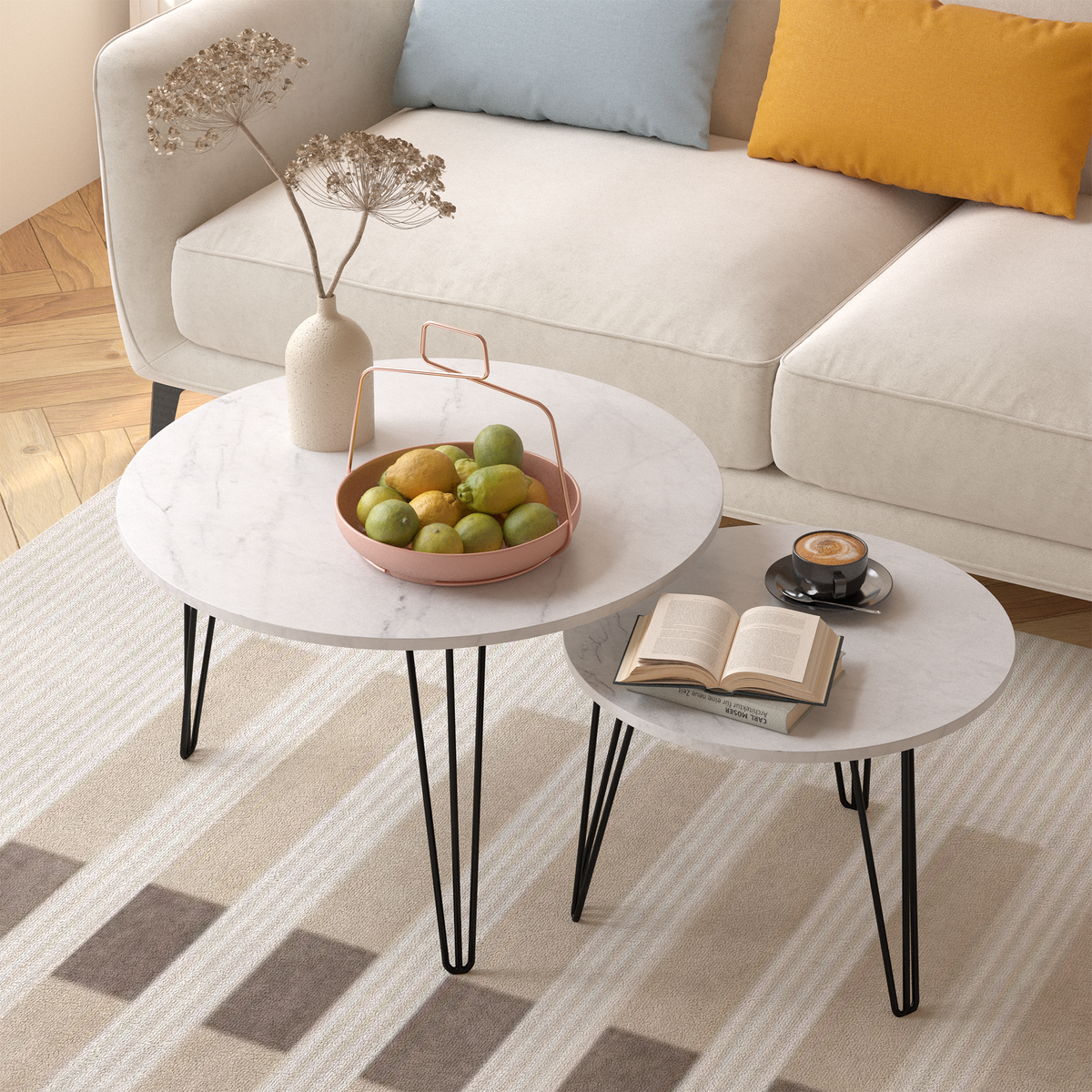 27.56'' Round Nesting Coffee Table Set of 2,Circular Nesting End Table Set, Round Marble Tabletop, and Sturdy Metal Base for Living Room, bedroom, White W808P176737-djyc