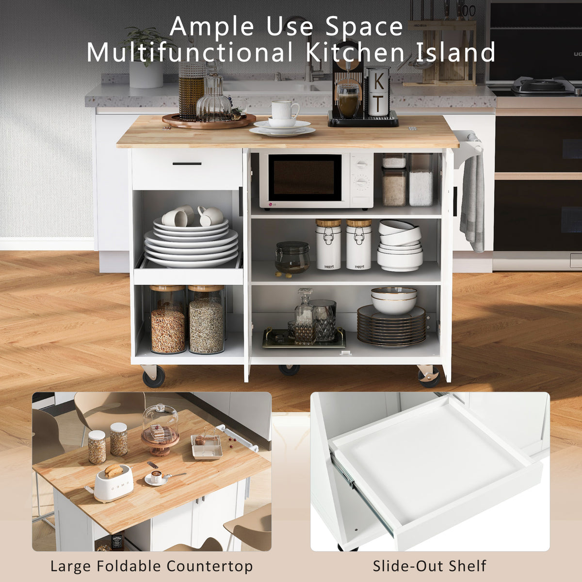 K&K Kitchen Island with Foldable Counter Top, Kitchen Storage Cart with Slide-Out Shelf, Towel Rack and Drawer, Rolling Kitchen Cart on Wheels, for Kitchen, Living Room, Dining Room, White N707P173036W-djyc