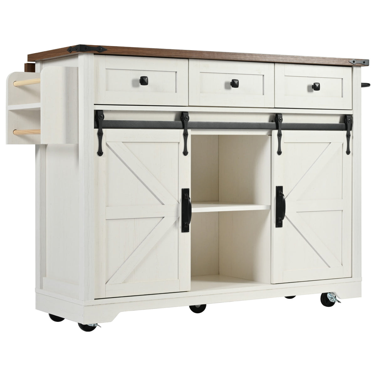 K&K 53.7" Farmhouse Kitchen Island with Power Outlet, 2 Sliding Barn Door Kitchen Storage Island with Drop Leaf, Spice Rack Rolling Kitchen Cart on Wheels, for Home, Kitchen and Dining Room, White N707P170347W-djyc