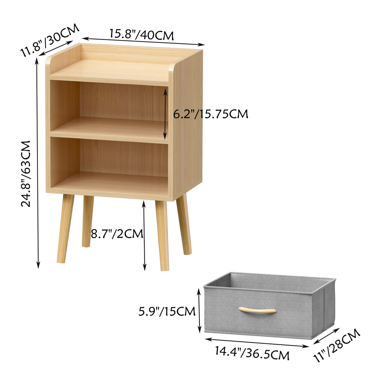 2PC Nightstand With Collapsible Fabric Drawer, 2-Tier Storage End Table, Wood Side Table with Storage Cabinet for Bedroom, Living Room - Oak W808P204531-djyc