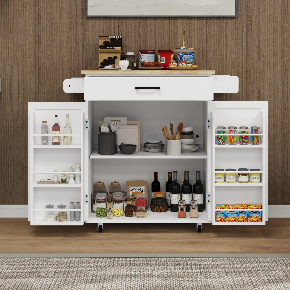 Kitchen island rolling trolley cart with 1 drawer & 2 doors with storage racks & Adjustable Shelves & towel rack & seasoning rack rubber wood table top-White W282P163314-djyc