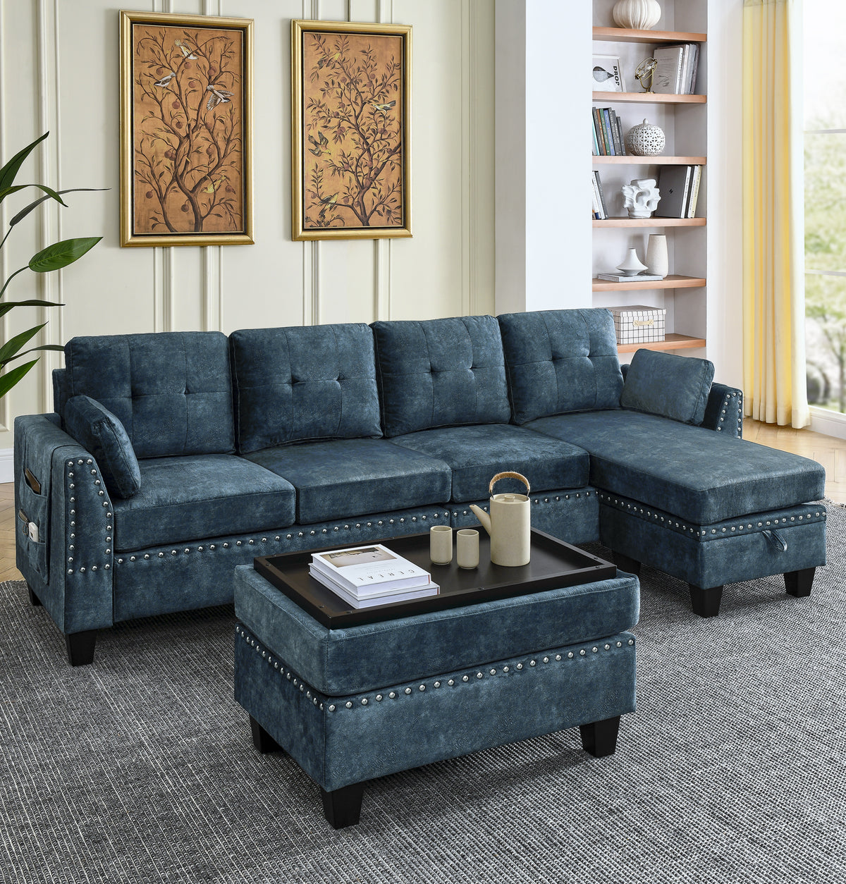 Sectional 3-Seaters Sofa ,Double-sided multi-functional footstool, storage mat , Non-slip leg, two pillows, Velvet,Navy blue W487S00239-djyc