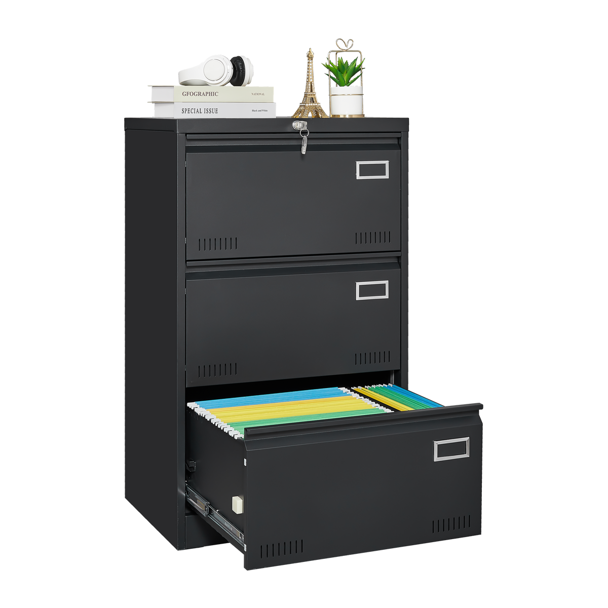 Filing Cabinet Lateral File Cabinet 3 Drawer, Blcak Locking Metal File Cabinets Three Drawer, Office Filing Cabinet with Lock Drawers for Home Office/Legal/Letter/A4/F4 W1247118742-djyc