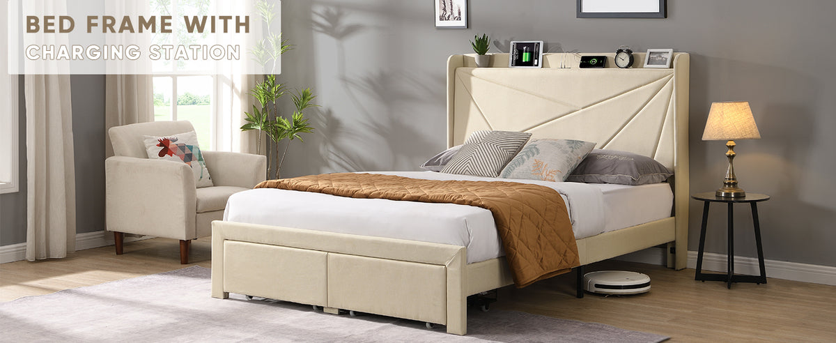 Full Size Bed Frame with 2 Storage Drawers, Upholstered Bed Frame with Wingback Headboard Storage Shelf Built-in USB Charging Stations and Strong Wood Slats Support, No Box Spring Needed, Beige W1916126256-djyc