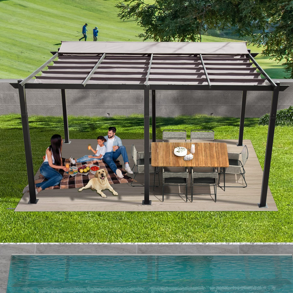 11 X 16 FT Outdoor Living Outdoor Retractable Pergola with Weather-Resistant Canopy Aluminum Garden Pergola Patio Grill Gazebo for Courtyard -Dark Gray W1859S00078-djyc