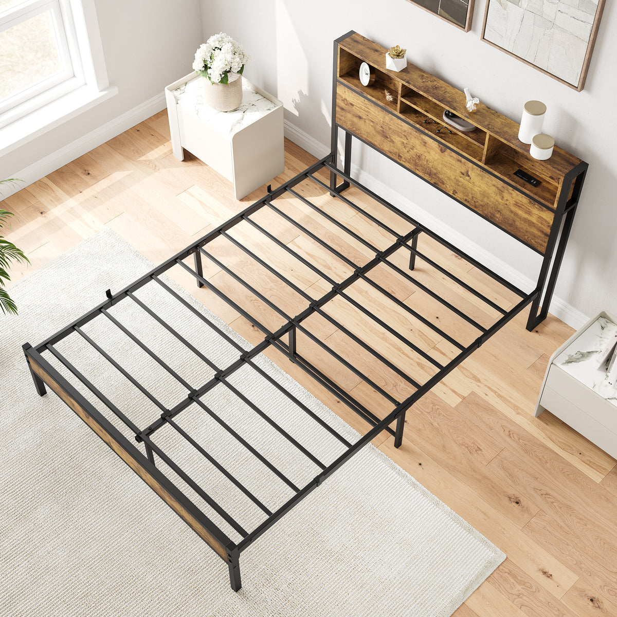 Full Size Bed Frame with Storage Headboard, Metal Platform Bed with Charging Station,Bookcase Storage, No Box Spring Needed, Easy Assembly, Noise-Free, Black W840127763-djyc