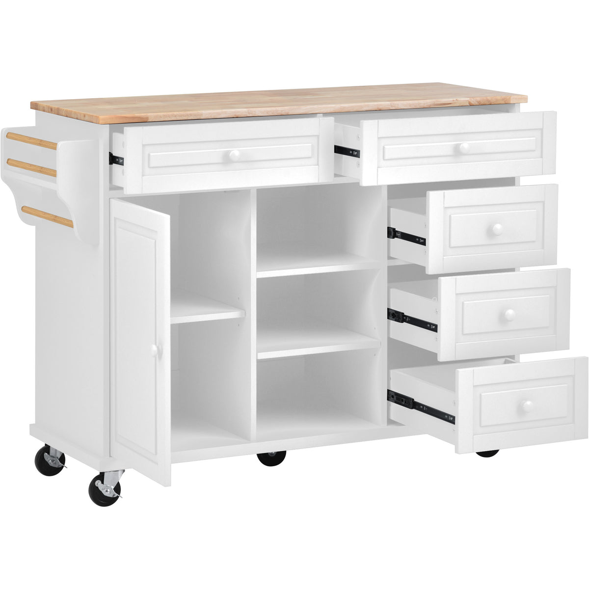 Kitchen cart with Rubber wood desktop rolling mobile kitchen island with storage and 5 draws 53 Inchlength(White) WF297003AAW-djyc