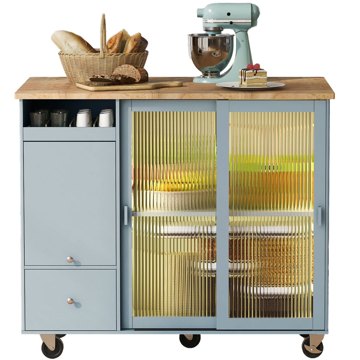 Kitchen Island with Drop Leaf, LED Light Kitchen Cart on Wheels with 2 Fluted Glass Doors and 1 Flip Cabinet Door, Large Kitchen Island Cart with an Adjustable Shelf and 2 Drawers (Grey Blue) WF311171AAG-djyc