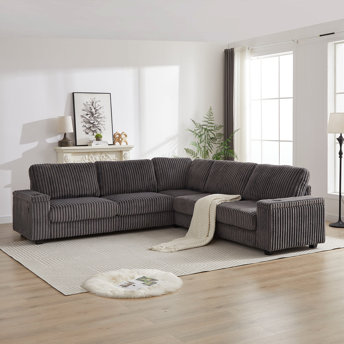 110-Inch Oversized Corduroy Corner Sofa,L Shaped Corner Couch with two storage spaces,USB port & Type-C port and Cup-holder , Deep Seat Comfy Upholstered Couches for Living Room(Not freely combinable) W834S00285-djyc