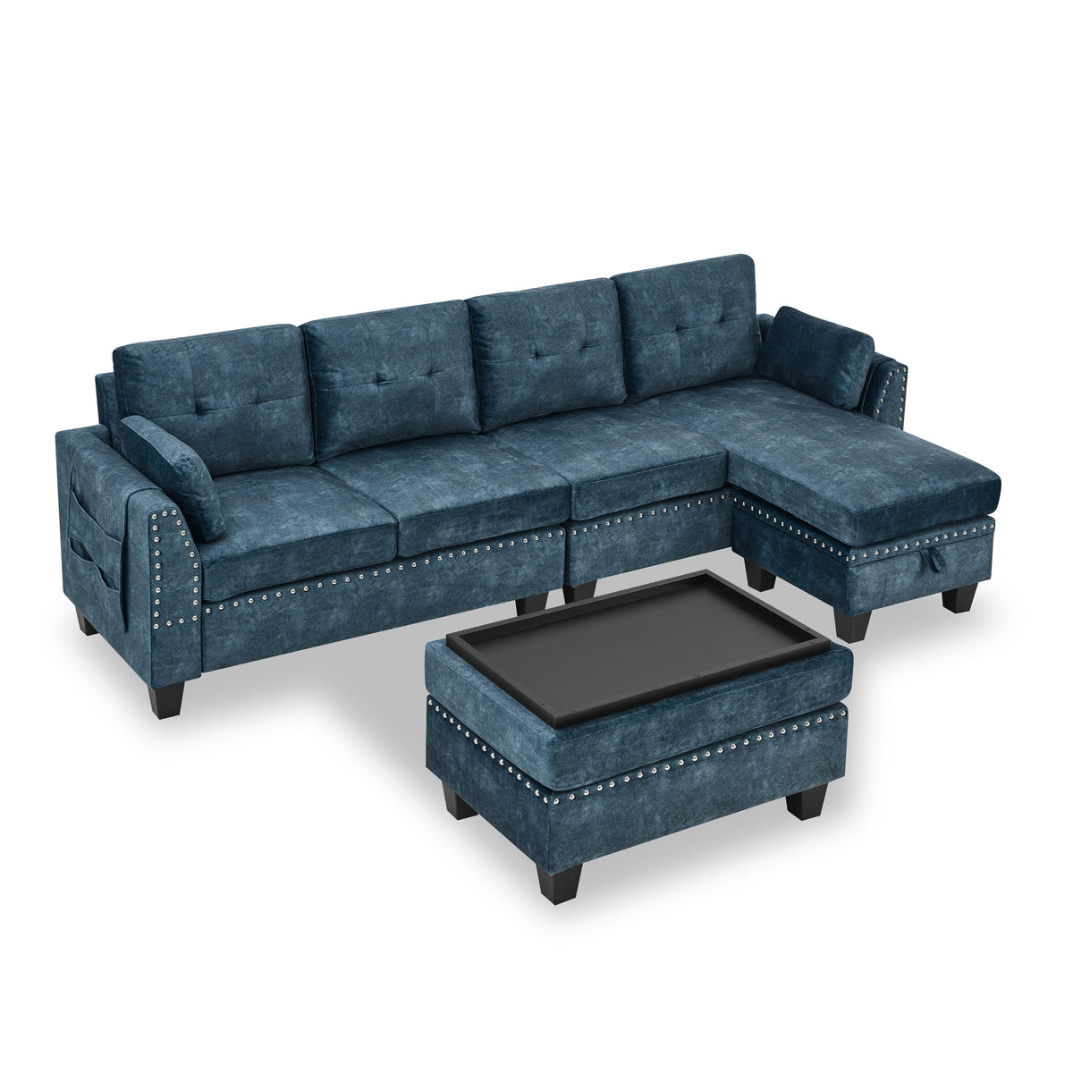 Sectional 3-Seaters Sofa ,Double-sided multi-functional footstool, storage mat , Non-slip leg, two pillows, Velvet,Navy blue W487S00239-djyc