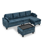 Sectional 3-Seaters Sofa ,Double-sided multi-functional footstool, storage mat , Non-slip leg, two pillows, Velvet,Navy blue W487S00239-djyc