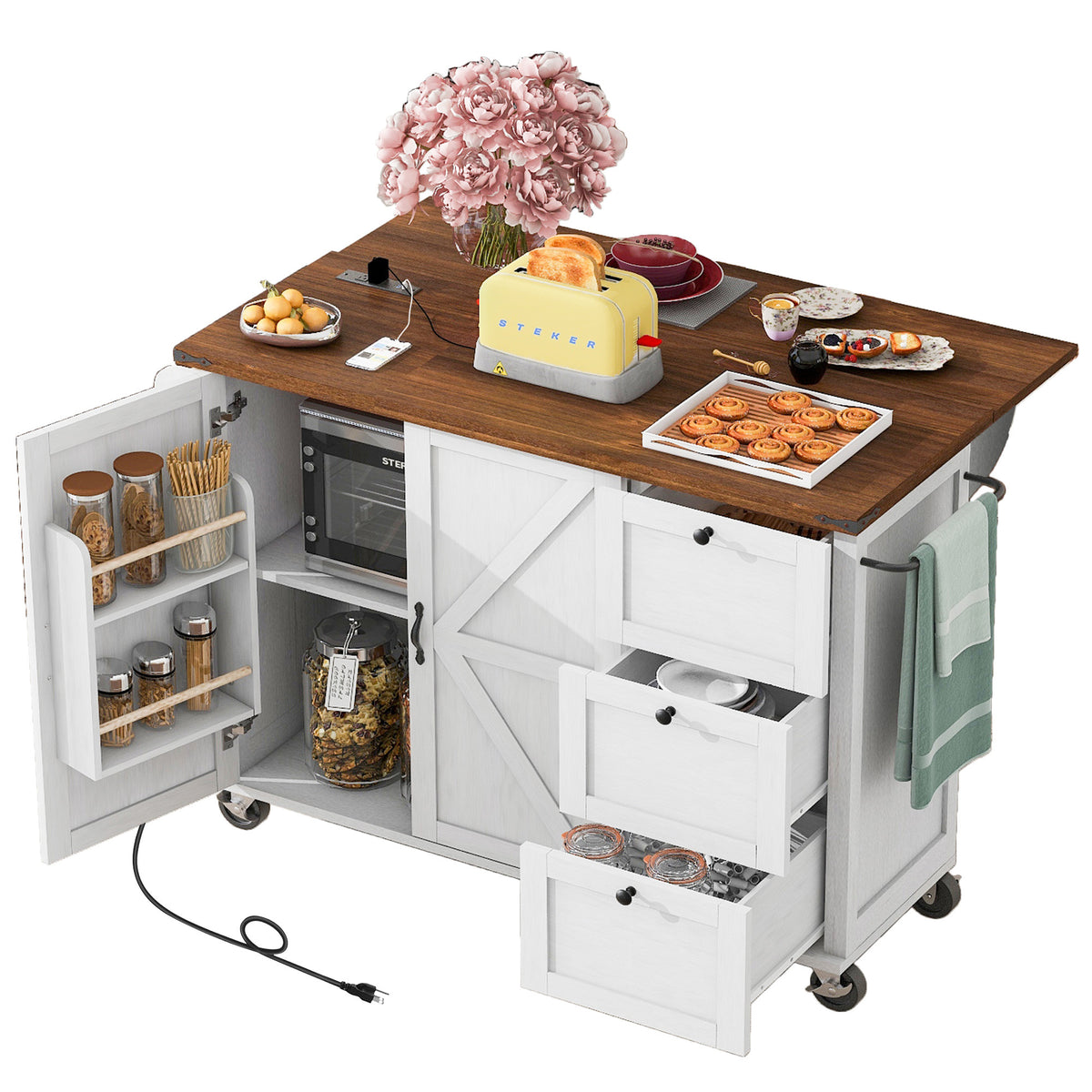 K&K 54.5" Farmhouse Kitchen Island with Power Outlet, Kitchen Storage Islandwith Internal Storage Rack, Drop Leaf, Spice Rack, Rolling Kitchen Cart on Wheels, for Home, Kitchen and Dining Room,White N707P170349W-djyc