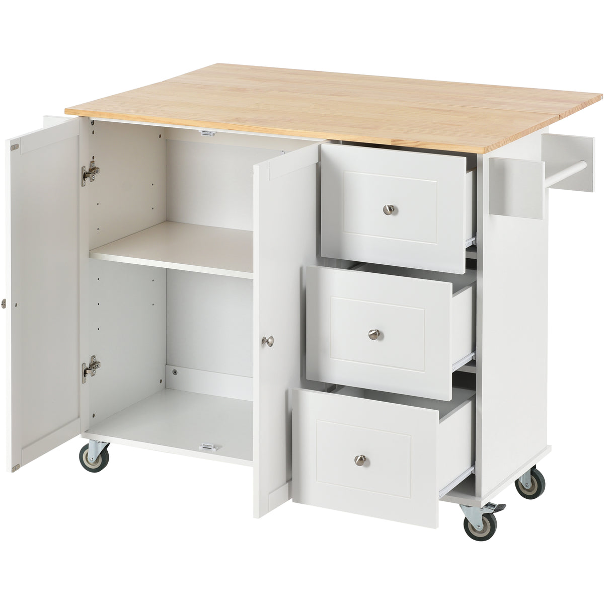 Rolling Mobile Kitchen Island with Solid Wood Top and Locking Wheels,52.7 Inch Width,Storage Cabinet and Drop Leaf Breakfast Bar,Spice Rack, Towel Rack & Drawer (White) WF287035AAW-djyc