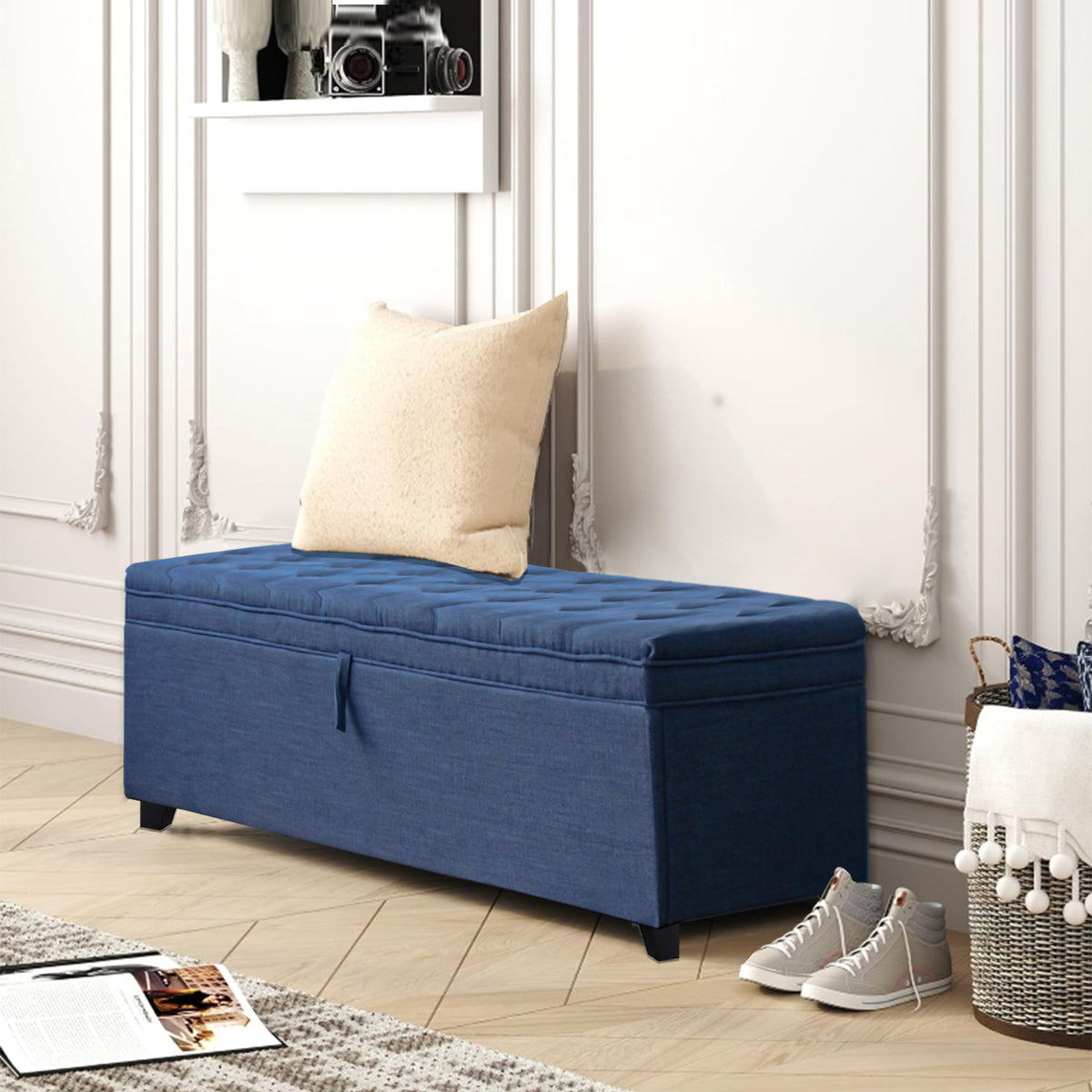 55.3 Inch Extra Long Storage Ottoman Entryway Bench with Flip Top Storage Chest with Padded Seat Bed End Stool for Hallway Living Room Bedroom, Blue Linen W1435P163386-djyc