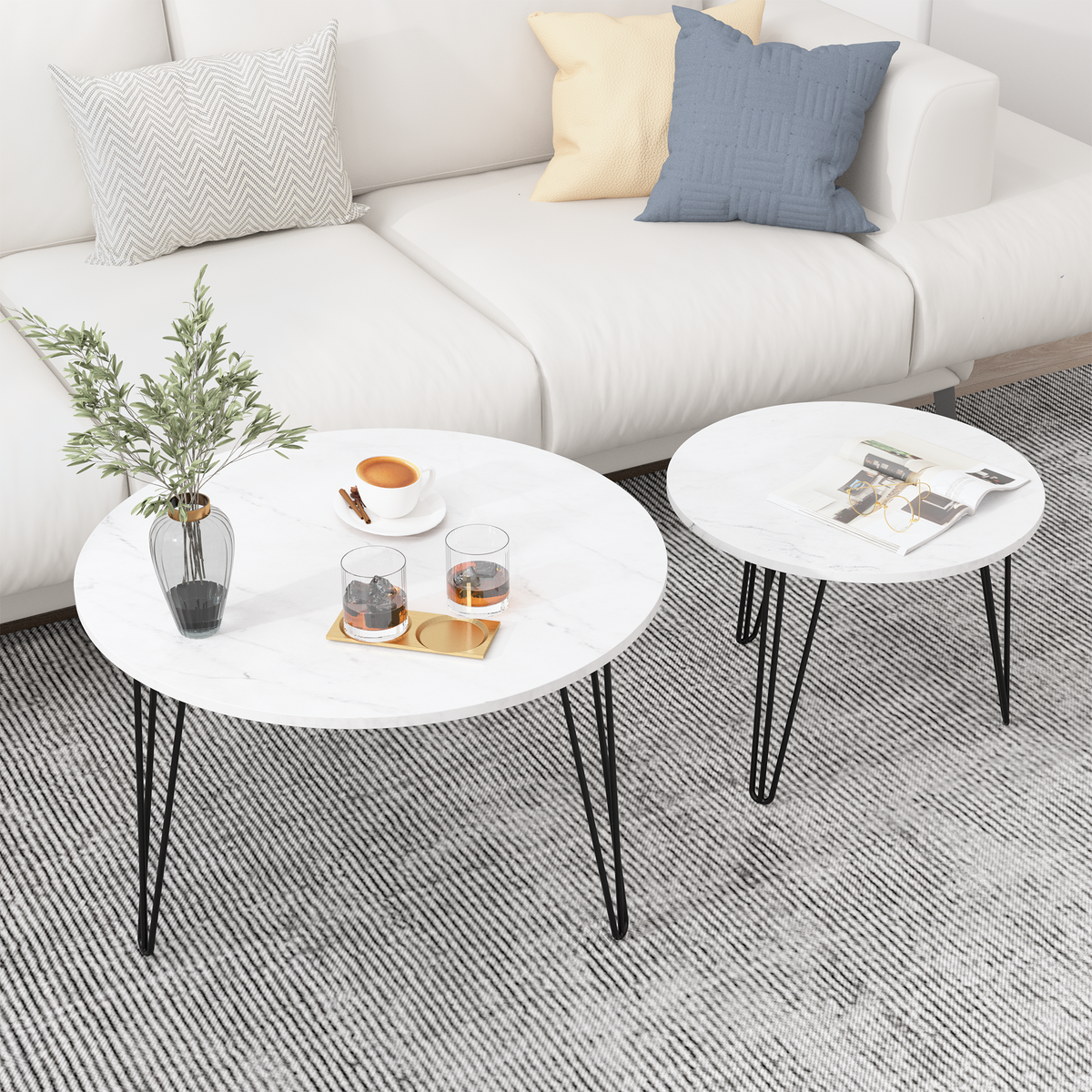 27.56'' Round Nesting Coffee Table Set of 2,Circular Nesting End Table Set, Round Marble Tabletop, and Sturdy Metal Base for Living Room, bedroom, White W808P176737-djyc