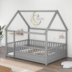 Full Size Floor Wooden Bed with House Roof Frame, Fence Guardrails,Grey W1858123988-djyc