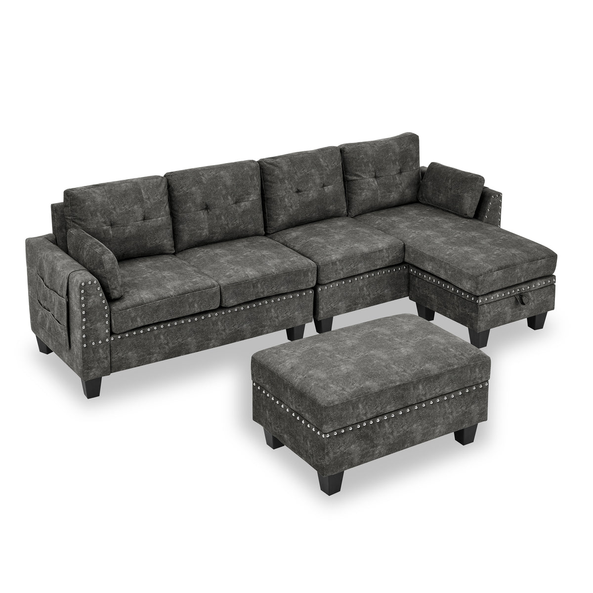 Sectional 3-Seaters Sofa ,Double-sided multi-functional footstool, storage mat , Non-slip leg, two pillows, Velvet, Dark grey W487S00236-djyc