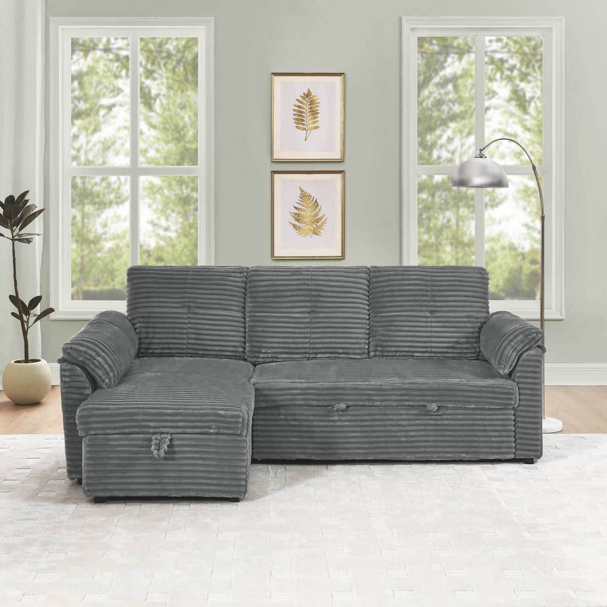 Corduroy Tufted Upholstered Sleeper Sectional Sofa, L-Shaped Modular Convertible Sofa with Storage Chaise, Pull Out Sleep Couch Bed and Reclining Backrest Perfect for Living Space,Grey W487S00225-djyc