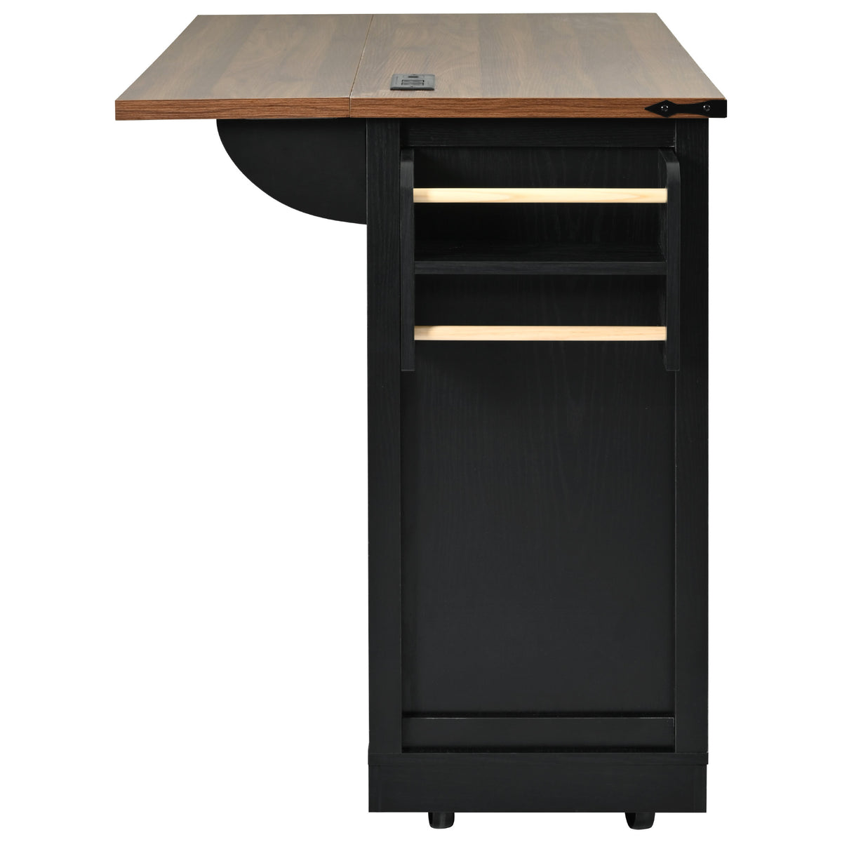 K&K 53.7" Farmhouse Kitchen Island with Power Outlet, 2 Sliding Barn Door Kitchen Storage Island with Drop Leaf, Spice Rack Rolling Kitchen Cart on Wheels, for Home, Kitchen and Dining Room, Black N707P170347B-djyc