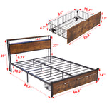 Queen Size Metal Platform Bed Frame with Wooden Headboard and Footboard with USB,Charging Station,2 Drawers,LED Lights, No Box Spring Needed, Easy Assemble W311S00046-djyc