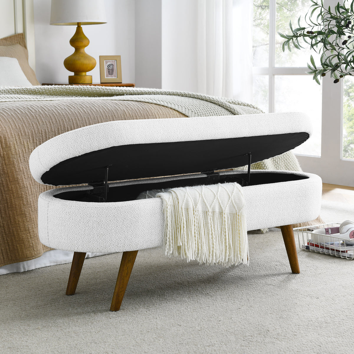 Ottoman Oval Storage Bench,Rubber Wood Legs,White(43.5"x16"x16") W48764885-djyc