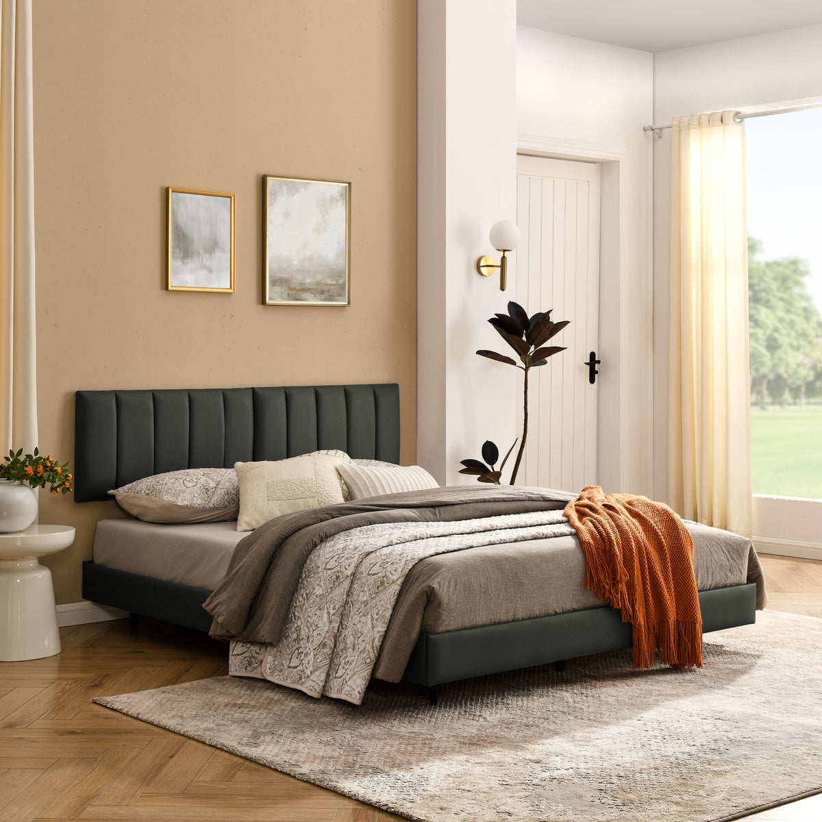 Queen Floating Bed Frame with Wall Mounted Headboard Modern Low Profile Platform Bed Frame Queen Size Faux Leather Upholstered Platform Bed Frame,No Box Spring Needed,Grey W487P169719-djyc