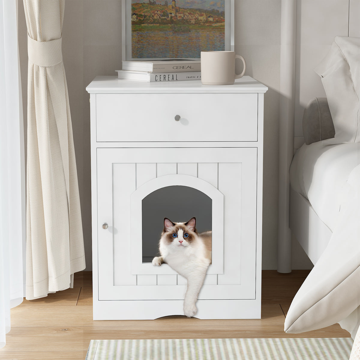 Wooden Pet House Cat Litter Box Enclosure with Drawer, Side Table, Indoor Pet Crate, Cat Home Nightstand (White) W80863135-djyc