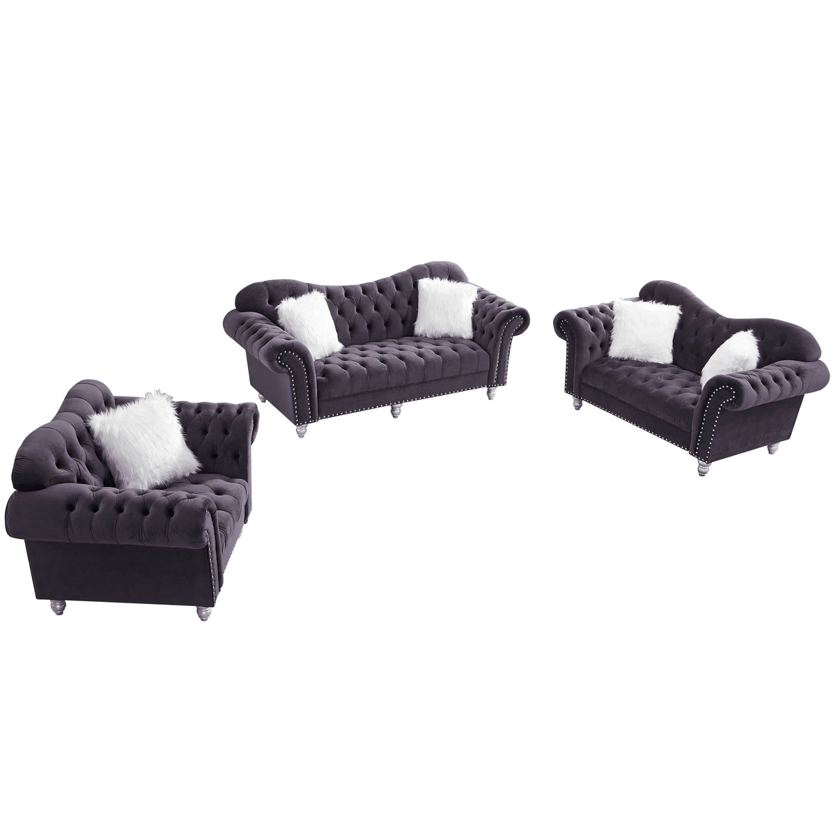 3 Piece Living Room Sofa Set, including 3-Seater Sofa, Loveseat and Sofa Chair, with Button and Copper Nail on Arms and Back, Five White Villose Pillow, Grey. W487S00050-djyc