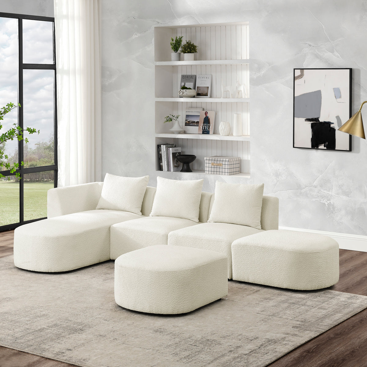 L Shape Sectional Sofa with Left Side Chaise and Ottoman, Modular Sofa, DIY Combination, Loop Yarn Fabric, Beige W487S00152-djyc