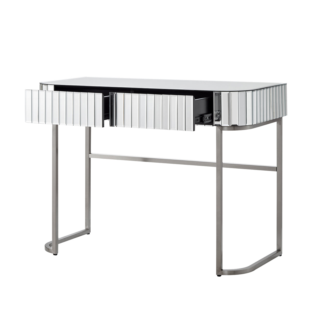 39" Mirrored Makeup Vanity Table with Stainless Steel Base, Mirrored Console Dressing Table with 2 Drawers,Versatile Desk for Bedroom and Office, Silver N704P171796N-djyc