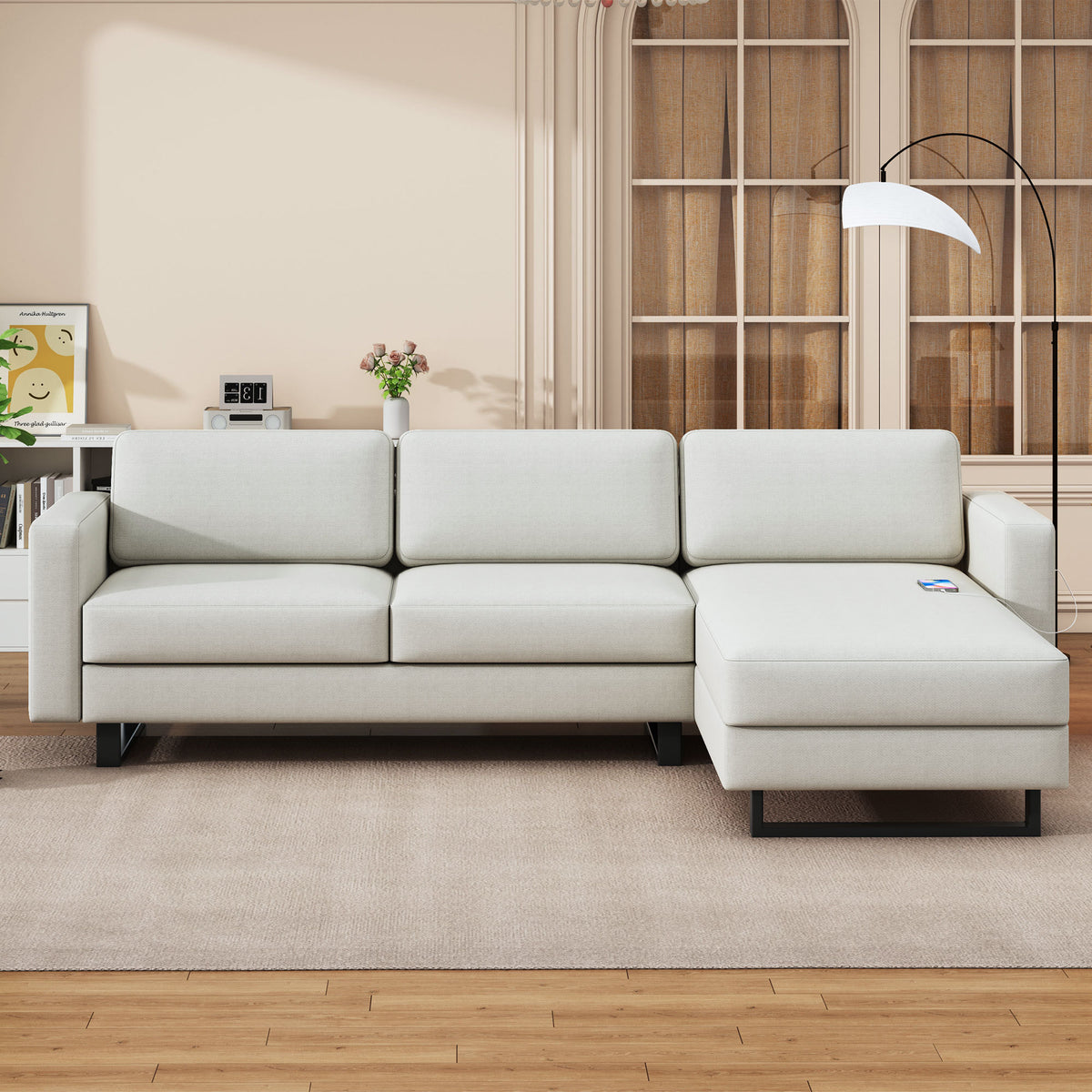 SOFA The best choice products upholstered sectional sofa for families, apartments, dormitories, award rooms, compact space with chaise longue, 3 seats, L-shaped design,off-white W1793S00004-djyc