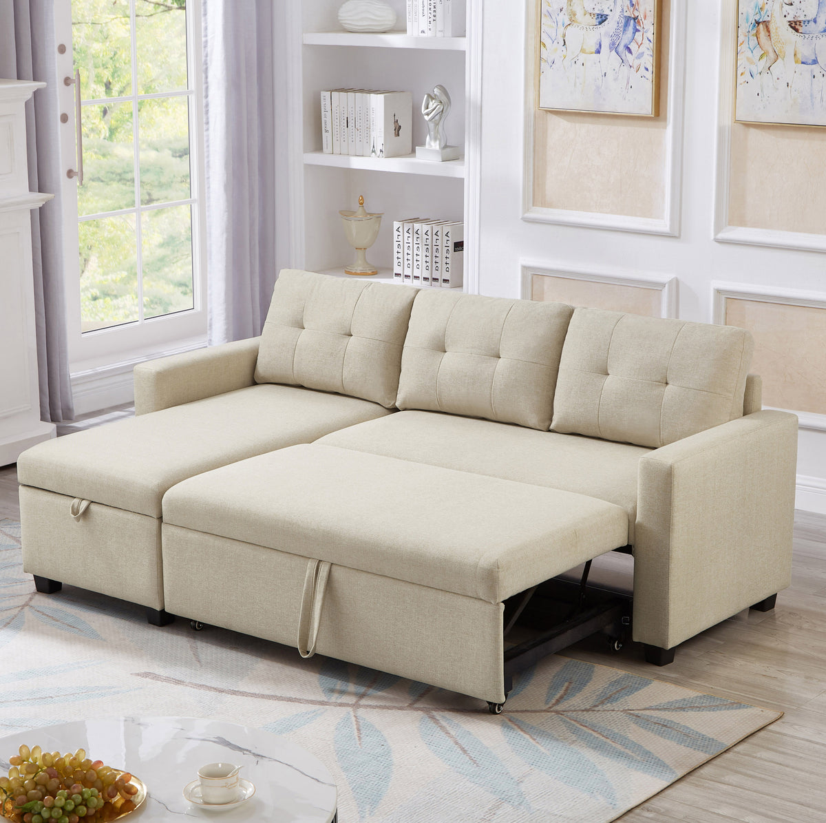 Upholstered Pull Out Sectional Sofa with Storage Chaise, Convertible Corner Couch, Beige W2336S00014-djyc