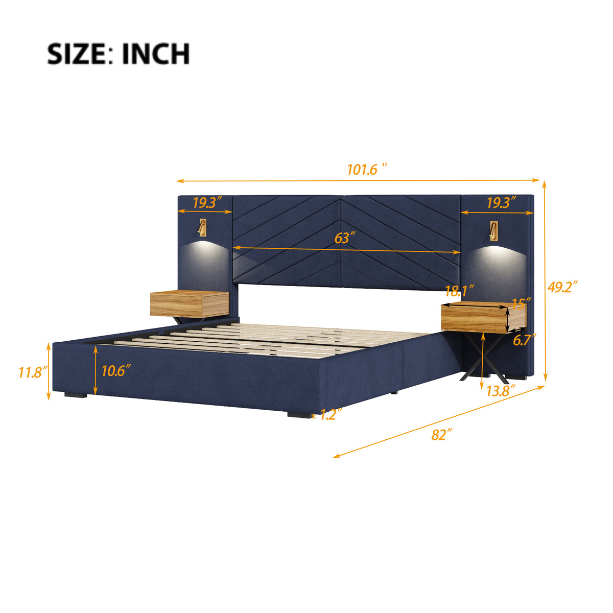 Queen Size Velvet Bed Frame/Vertical Channel Tufted Wingback Headboard/Upholstered Platform Bed/Strong Wooden Slats/No Box Spring Needed/Easy AssemblyRoyal blue W1793S00001-djyc