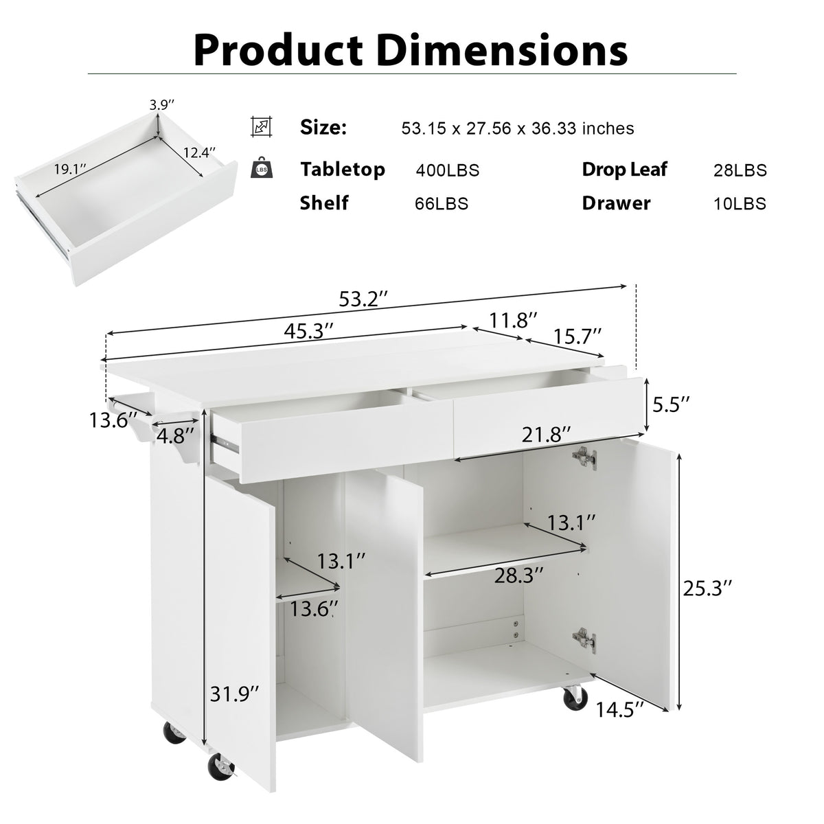 K&K 53.2''Kitchen Island with Drop Leaf, Kitchen Storage Cart with Spice Rack, Towel Rack and 2 Drawers, Rolling Kitchen Island on Wheels with Adjustable Shelves for Kitchen, Dining Room, White N707P173041W-djyc