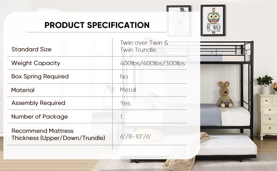 Over Twin Bunk Bed Frame with Trundle,Metal Bunkbed with Sturdy Guard Rail and 2 sideLadders for Kids/Adults,Can be Divided Into Two Beds, No Box Spring Needed, Noise Free for Dorm,Black W1916115338-djyc