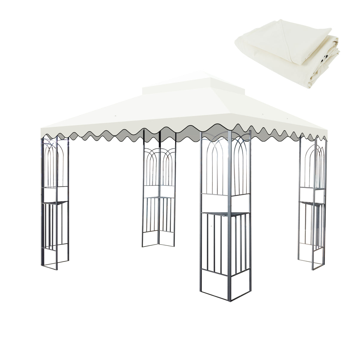 10x10 Ft Outdoor Patio Gazebo Replacement Canopy,Double Tiered Gazebo Tent Roof Top Cover Only wavy border(Frame Not Include)-Beige W419P198351-djyc