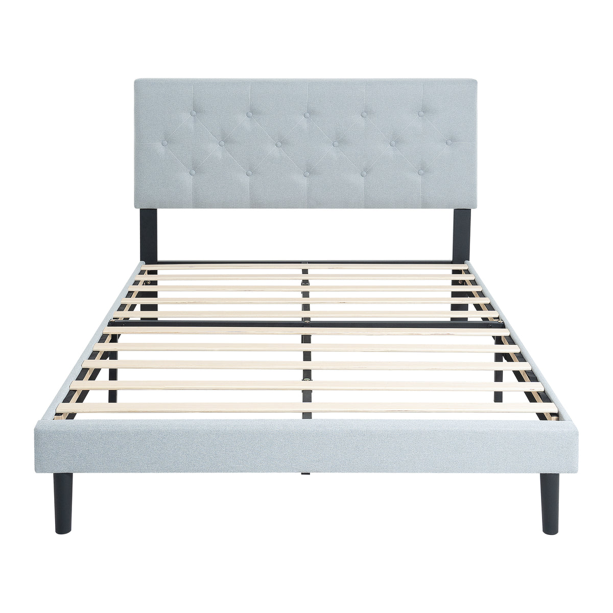 Queen Size Upholstered Platform Bed Frame with Modern Button Tufted Linen Fabric Headboard, No Box Spring Needed, Wood Slat Support, Easy Assembly, Grey W311P197752-djyc