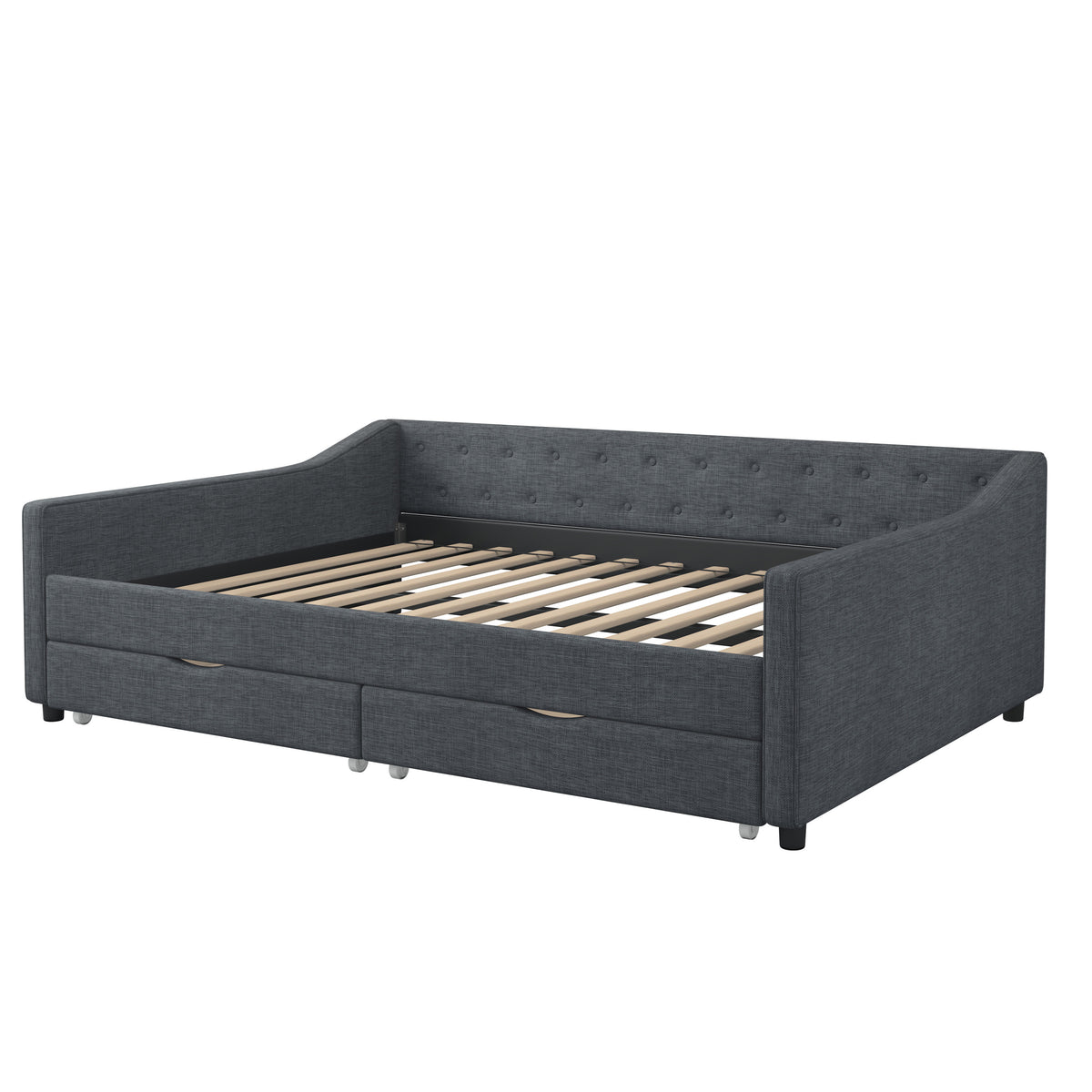 Full Size Daybed with Drawers Upholstered Tufted Sofa Bed, with Button on Back and Piping on Waved Shape Arms-Dark Grey W2336S00006-djyc