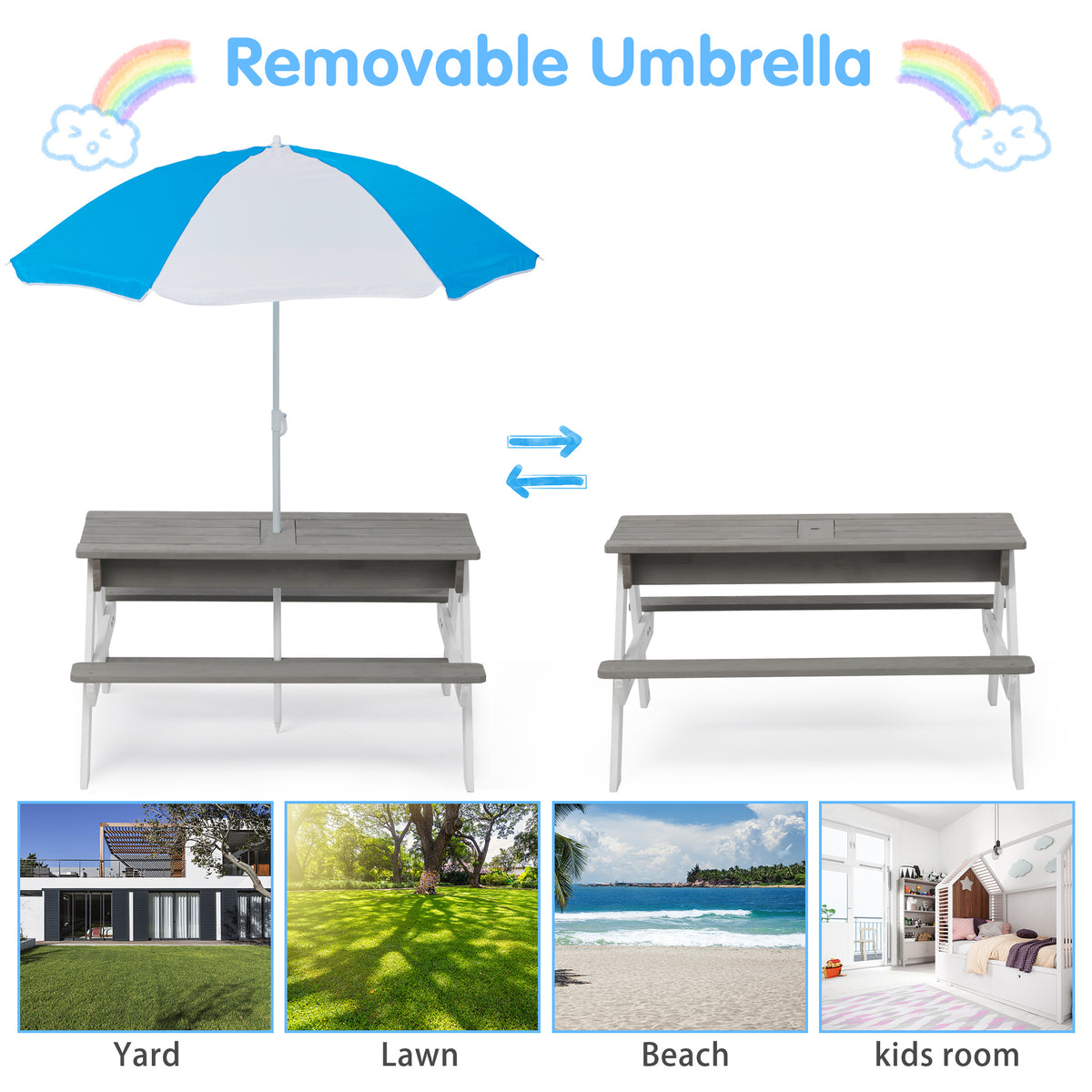 3-in-1 Kids Outdoor Wooden Picnic Table With Umbrella, Convertible Sand & Wate, Gray ASTM & CPSIA CERTIFICATION W1390104709-djyc