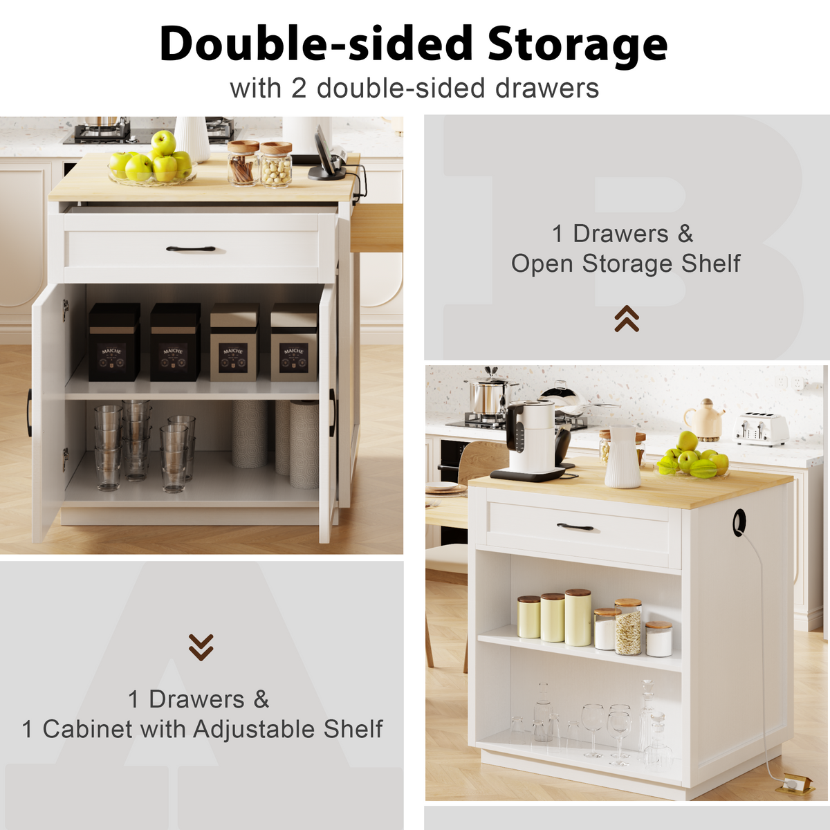 K&K 82.7 inch Kitchen Island with Extendable Dining Table for 4-6 Person,Two-tone Kitchen Table with Double-sized Storage, Power Outlet, Kitchen island with Storage 2 Drawers 2 Side Open Shelves,White N707S000010W-djyc