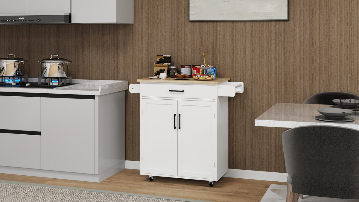 Kitchen island rolling trolley cart with 1 drawer & 2 doors with storage racks & Adjustable Shelves & towel rack & seasoning rack rubber wood table top-White W282P163314-djyc