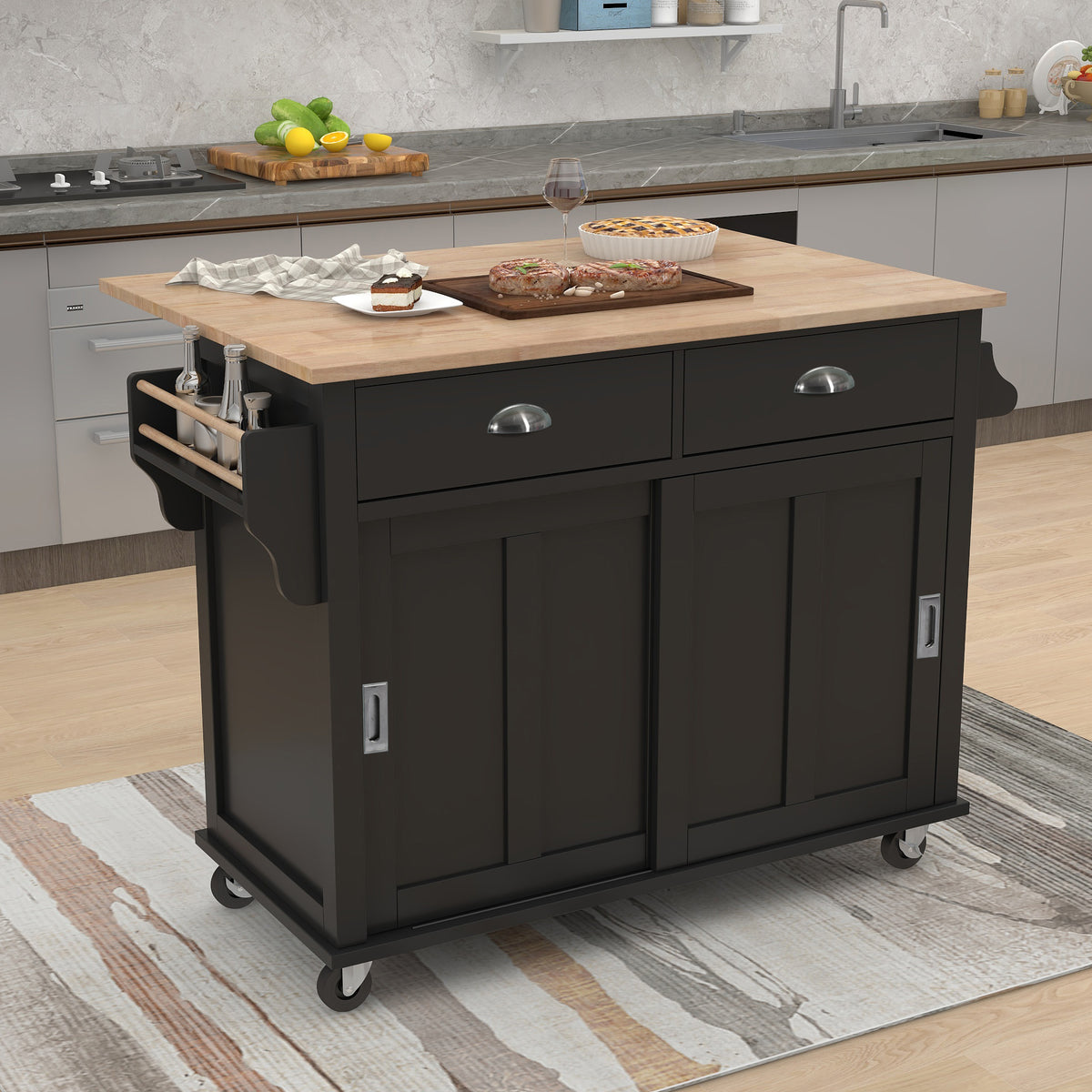 Kitchen Cart with Rubber wood Drop-Leaf Countertop, Concealed sliding barn door adjustable height,Kitchen Island on 4 Wheels with Storage Cabinet and 2 Drawers,L52.2xW30.5xH36.6 inch, Black SK000001AAB-djyc