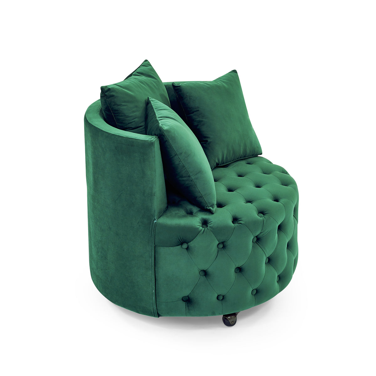 Velvet Upholstered Swivel Chair for Living Room, with Button Tufted Design and Movable Wheels, Including 3 Pillows, Green W48790919-djyc