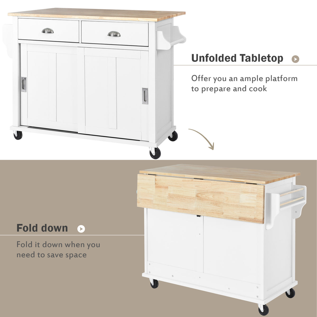 Kitchen Cart with Rubber wood Drop-Leaf Countertop, Concealed sliding barn door adjustable height,Kitchen Island on 4 Wheels with Storage Cabinet and 2 Drawers,L52.2xW30.5xH36.6 inch, White SK000001AAW-djyc