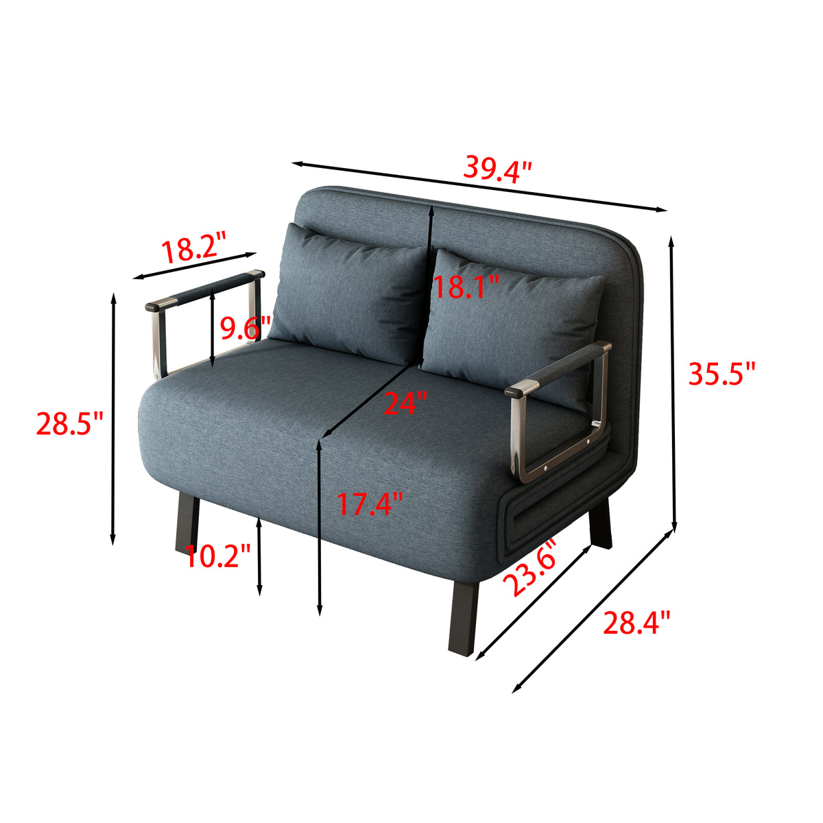 39″ Convertible Chair Bed, Tri-Fold Sofa Bed with Adjustable Backrest & Pillow, Leisure Chaise Lounge Couch with Sturdy Iron Frame for Home & Office, Comfortable Sleeper Chair W1767106625-djyc