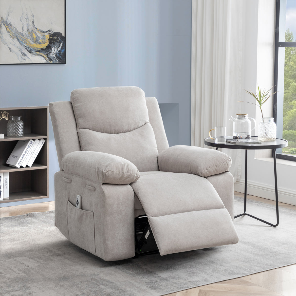 Power Recliner Chair with Adjustable Massage Function, Velvet Electric Power Chair for Elderly with One Side Pockets, Recliner Chair with Heating System for Living Room,Beige W1998120239-djyc