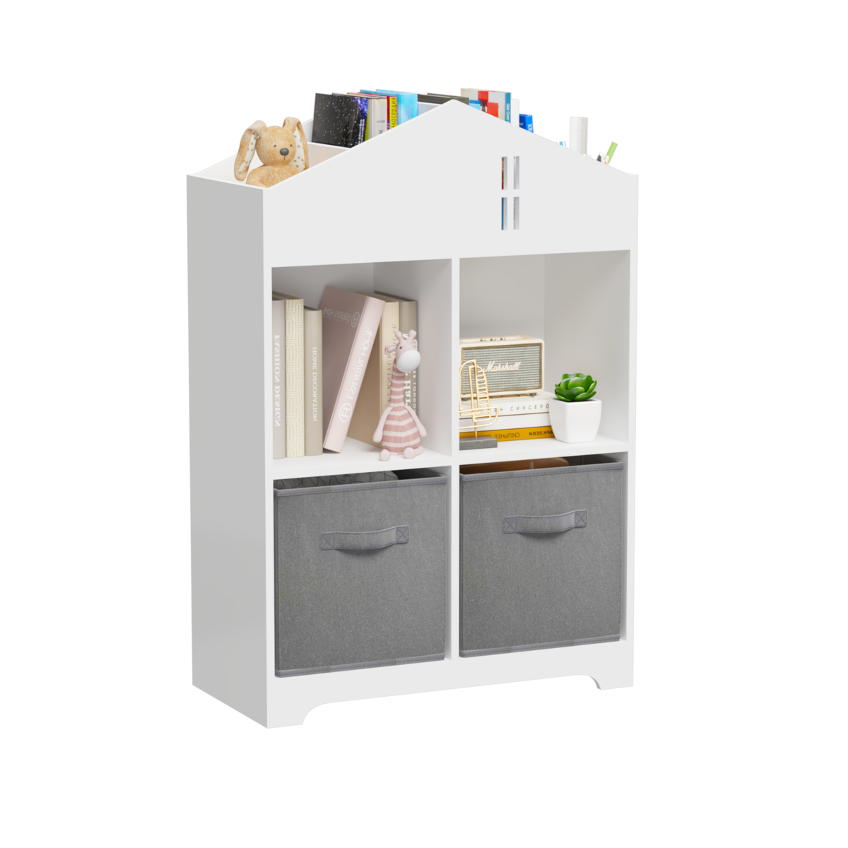 Kids Dollhouse Bookcase with Storage, 2-Tier Storage Display Organizer, Toddler Bookshelf with 2 Collapsible Fabric Drawers for Bedroom or Playroom (White/Gray) W808122614-djyc