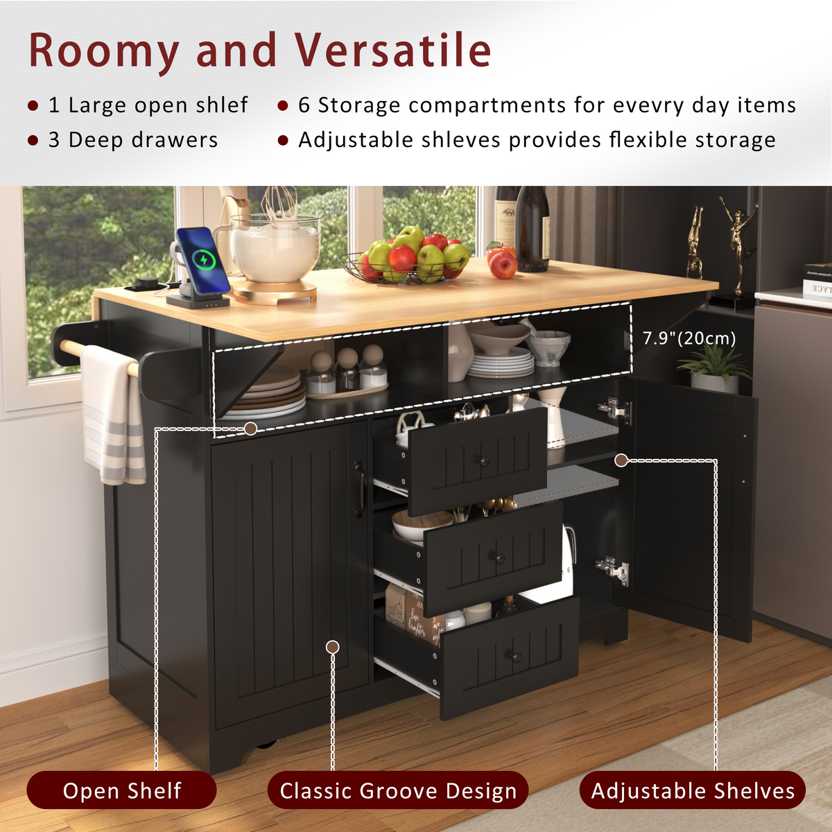 K&K 55.7'' Large Kitchen Island with 2 Drop Leaf,, Rolling Kitchen Cart on 5 Wheels with Power Outlet, Folding Storage Dining Table with Spice & Towel Rack , 3 Drawers, for Kitchen, Dining Room,Black N707P186617B-djyc